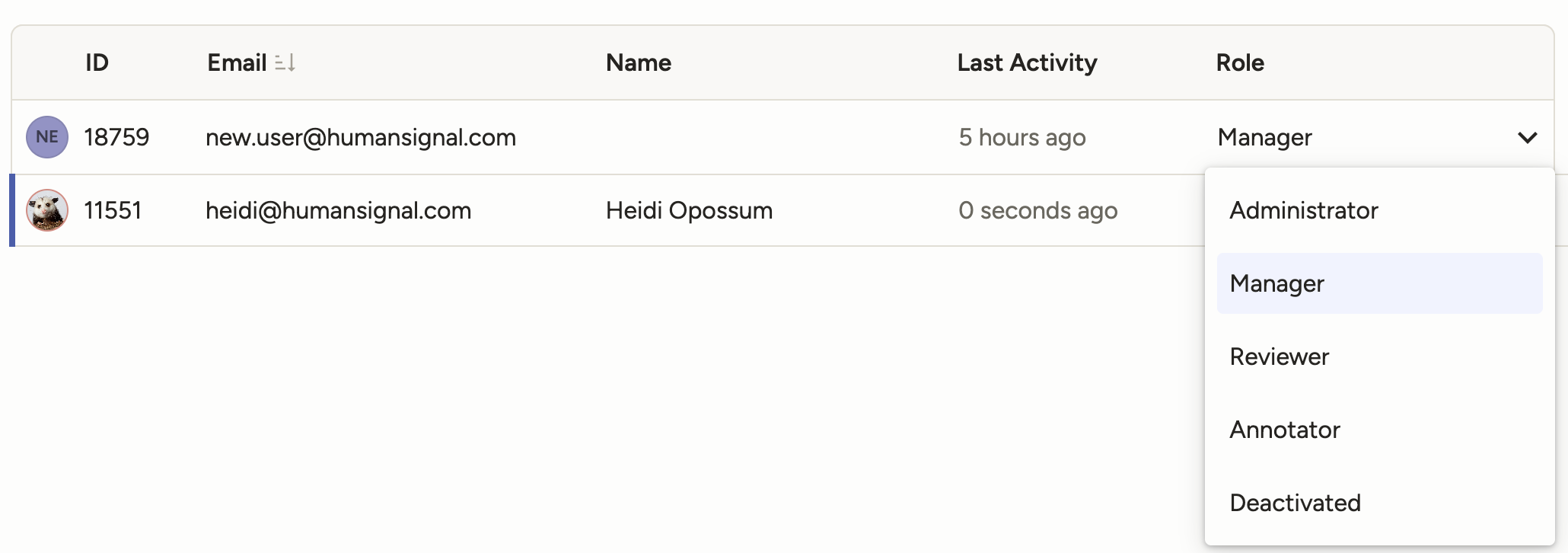 Screenshot of the role drop-down menu